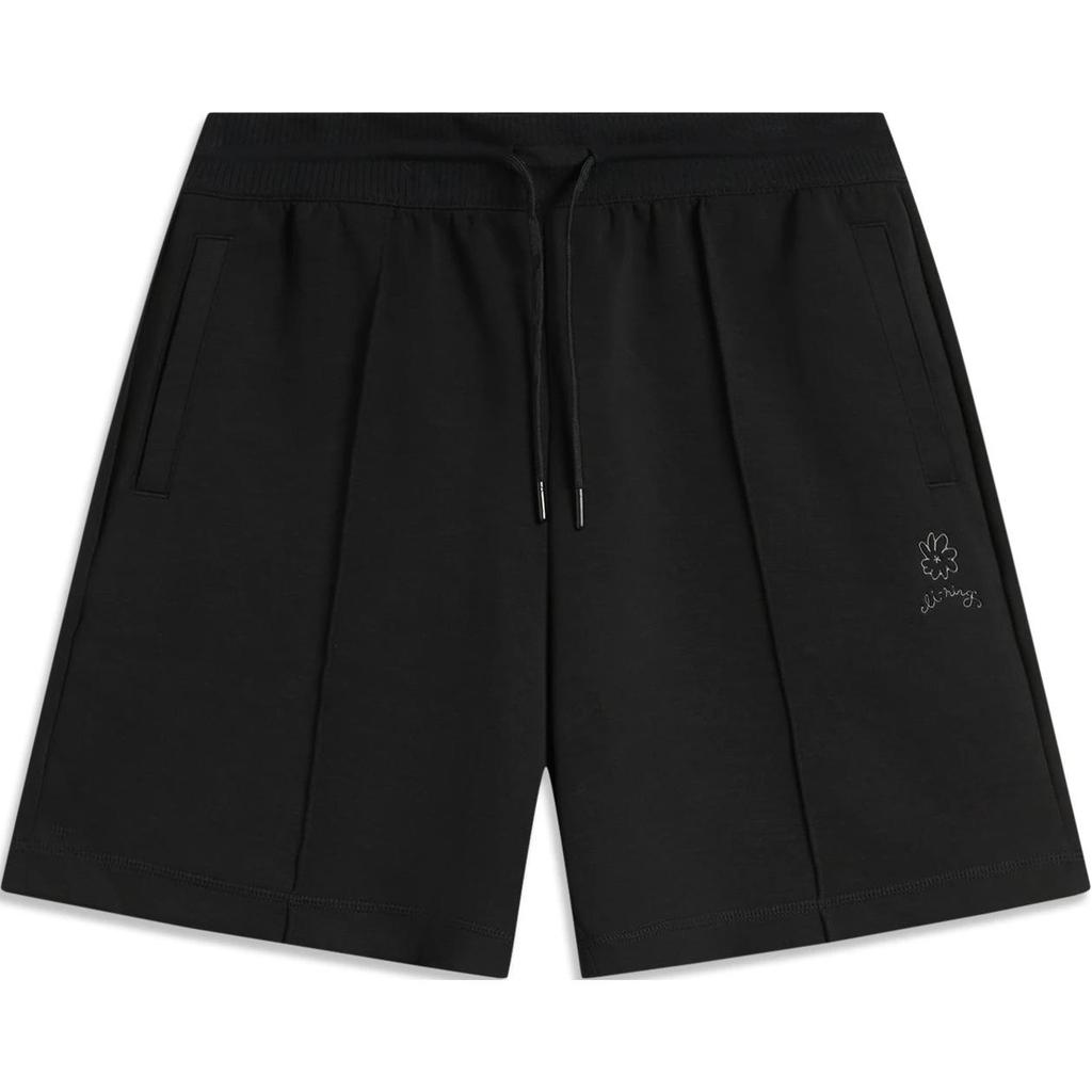 Li Ning Sports Lifestyle Series Solid Color Mid Waist Drawstring Loose Straight Casual Shorts Women Shorts Black AKSU224-3