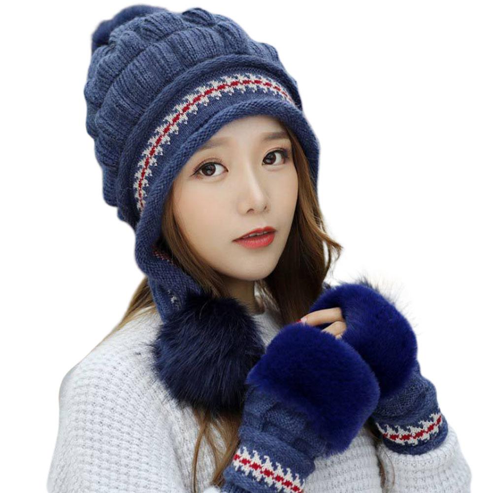 Girls Thicken Ski Snow Cap Fur PomPoms Winter Women Beanie Hats Female Skullies Warm Gloves + Knit Hat Set