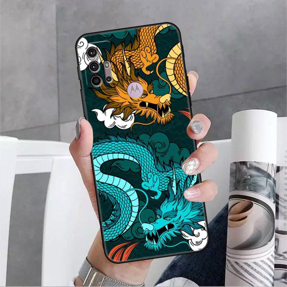 Husă Pentru Motorola G30 G60 G22 G9 Play G82 G52 G8 G9 G50 One Fusion Edge 20 Negru Moale Capas Telefon Modă Chinezesc Vintage Dragon