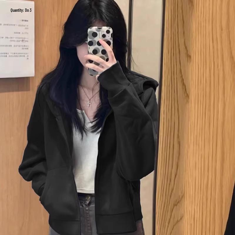 Women's Petite Gray Fleece-Lined Hooded Sweatshirt, Thickened, Short Jacket for Autumn and Winter