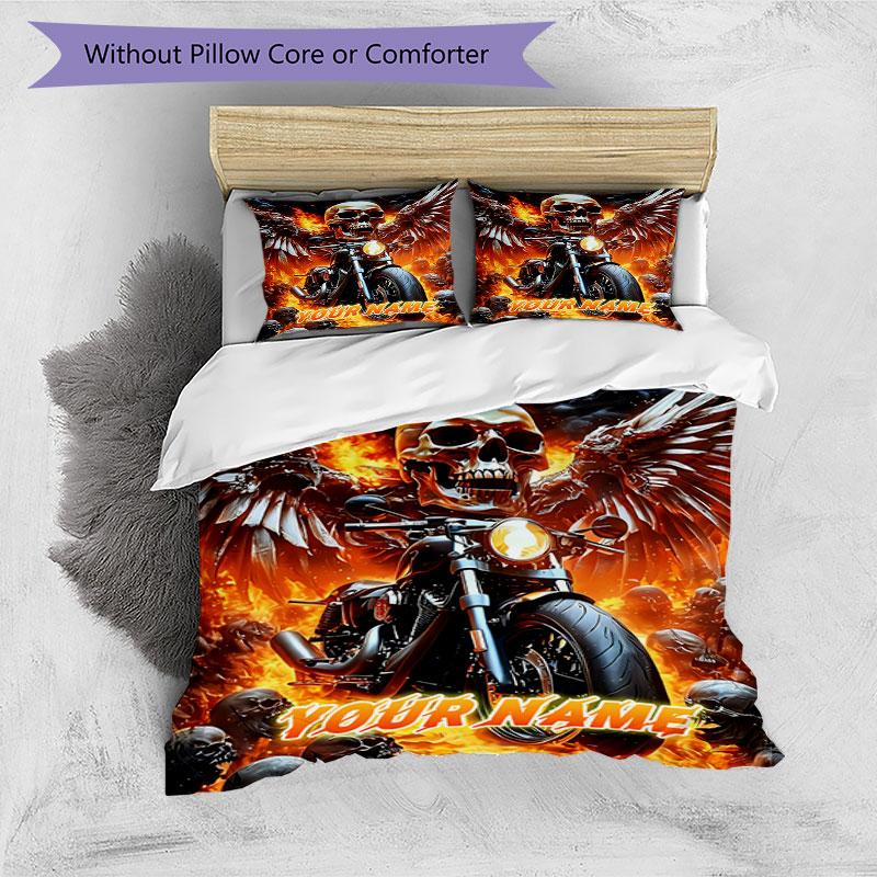 3PC Custom Name Biker Spirit: Fire Wings Bedding Set Duvet Cover Closure Includes 1 Duvet Cover & 2 Pillowcases for Bedroom