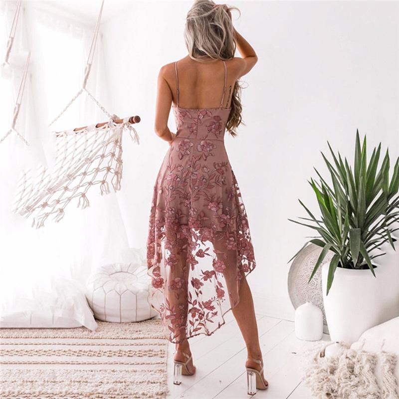 Women Elegant Floral Embroidery Lace Dress Backless Sleeveless Irregular Hem Sling Party Dress