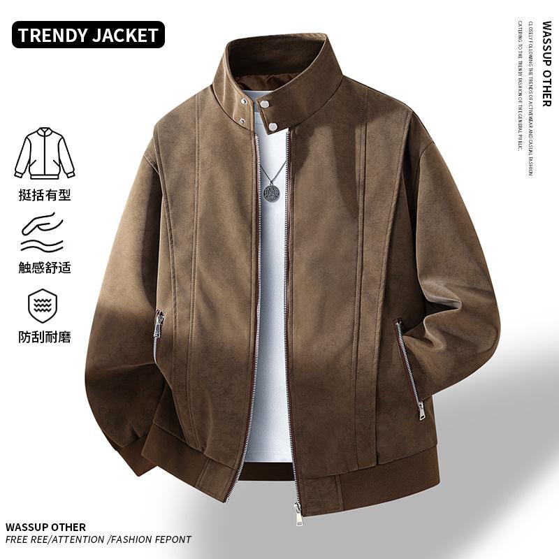 Light Luxury Men's Leather Jacket Suede Stand-up Collar Large Size Business Loose Douyin Explosive Leather Jacket Men