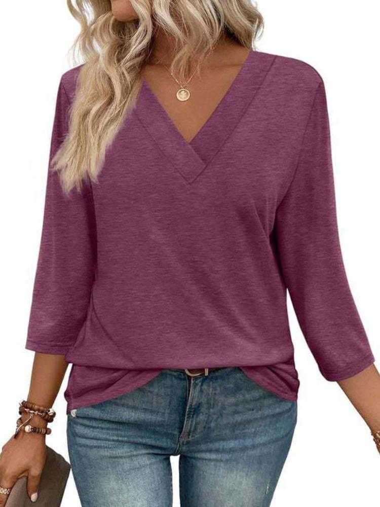 Dámský top s V-výstřihem a 7/8 rukávem, ležérní dámské pletené tričko se zavazováním v pase