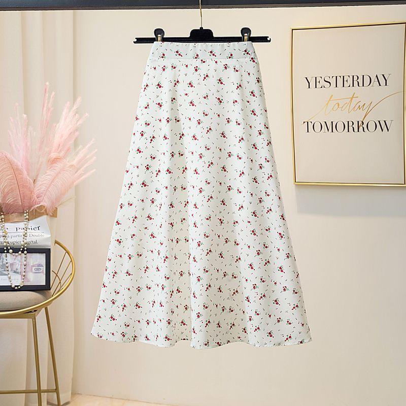 

Sweet Floral Chiffon Midi Skirt Summer New Versatile High Waisted A-line Mid Length Skirt for Women XL