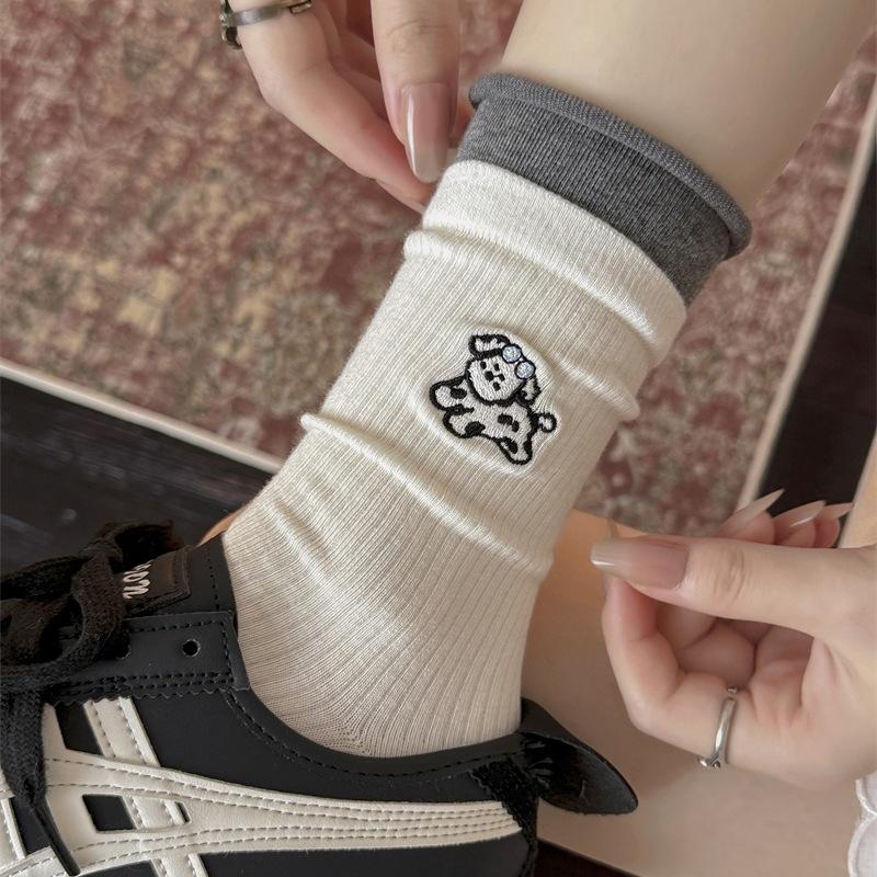 Color-blocking Double-moused Cartoon Puppy Embroidered Socks, Women's Vertical Mid-calf Socks, College Style Boneless Pile Socks