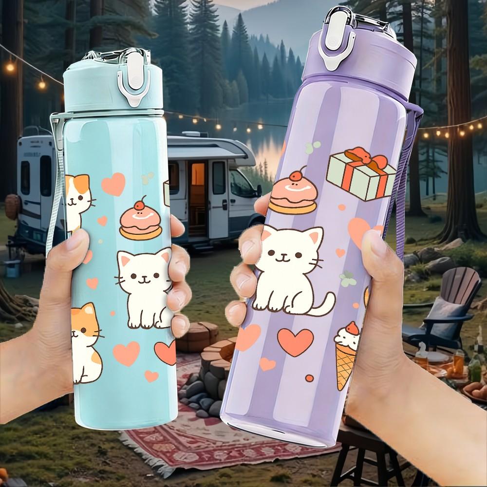 1PC Cute Cat Heart Repeat Pattern 750ml Color Plastic Sports Water Bottle Leakproof Flip Straw Lid Suitable for Sports Office Home Use