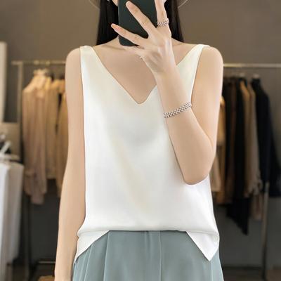 Colete Feminino Decote V Sem Mangas Cor Sólida Regatas Caimento Solto Cetim Liso Blusas Básicas Versátil Uso Diário