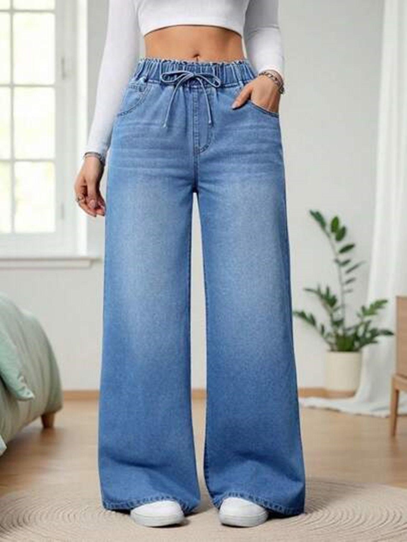 

Puffanpop Women s Non-Stretch Elastic Waist Drawstring Wide Leg Jeans - Light Wash Denim Loose Fit Trousers for Casual Daily Wear XS синий