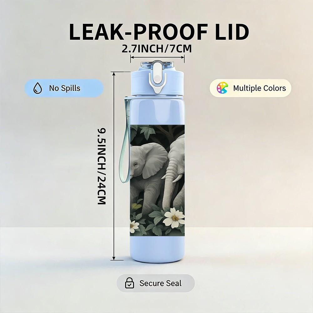 1PC Two Wild Elephant Watercolor Bust 750ml Color Plastic Sports Water Bottle Leakproof Flip Straw Lid For Sports Office Home Use