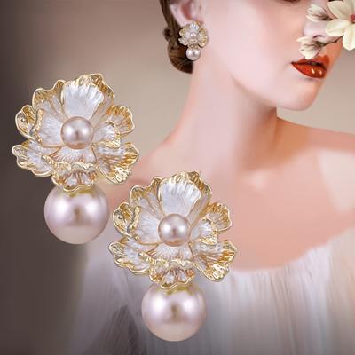 1 Pair Peony Flower Stud Earrings, Retro Flower Earrings Faux Pearl Drop Earrings