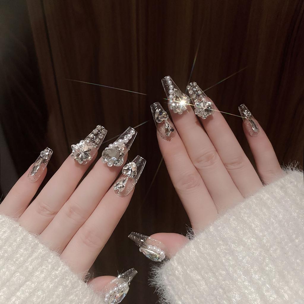 24pcs New Year Heavy Metal Press On Nails Chinese Bride Wedding Fake Nails Full Cover Wearable Shiny Large Crystal False Nails