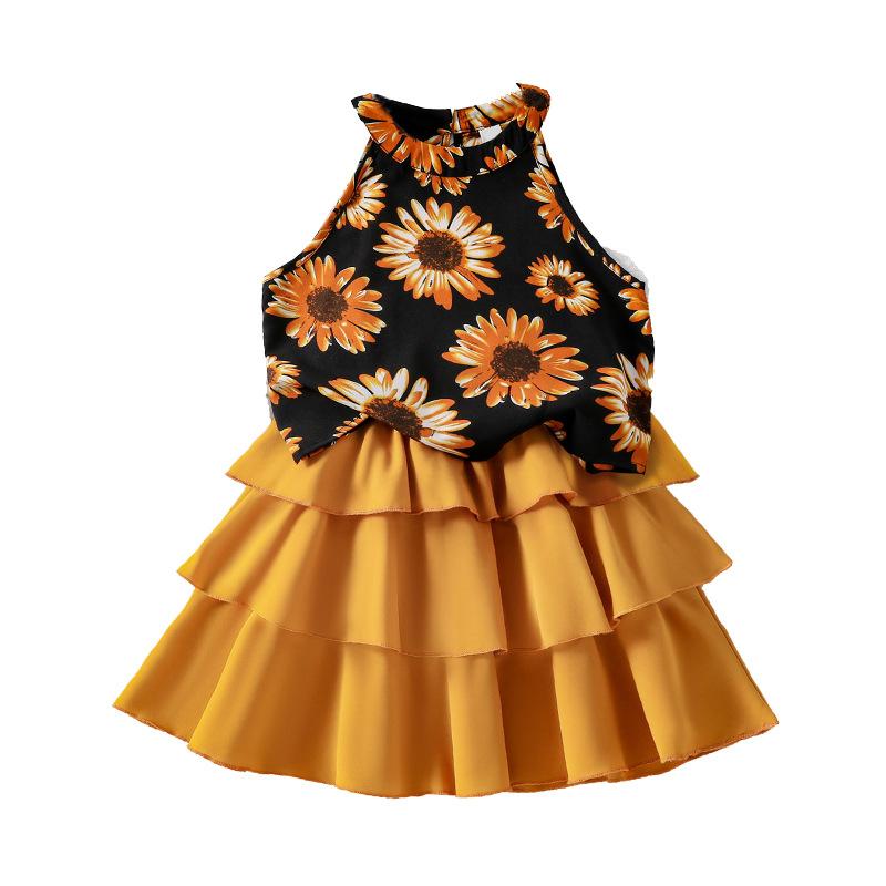 Girls' Summer Outfit Set: Sunflower Sleeveless Top and Cake Skirt Two-Piece Set