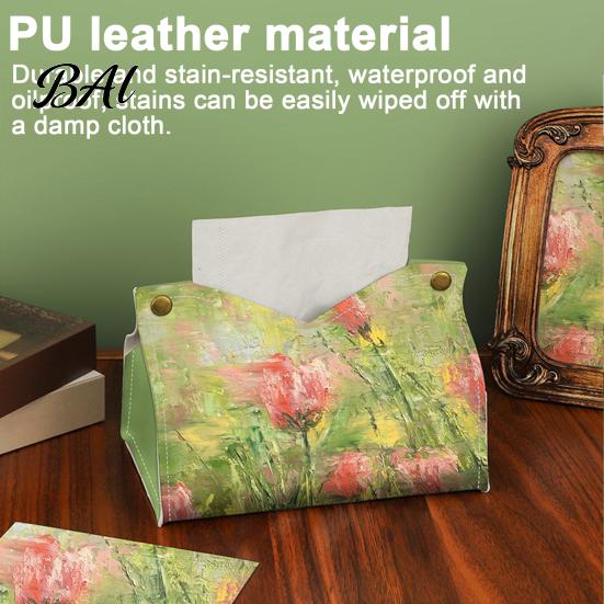 Kitchen Paper Organizer Leather Tissue Box Cover with Oil Painting Pattern, Foldable Desktop Organizer, Napkin Holder Sturdy Case, Facial Dispenser,
