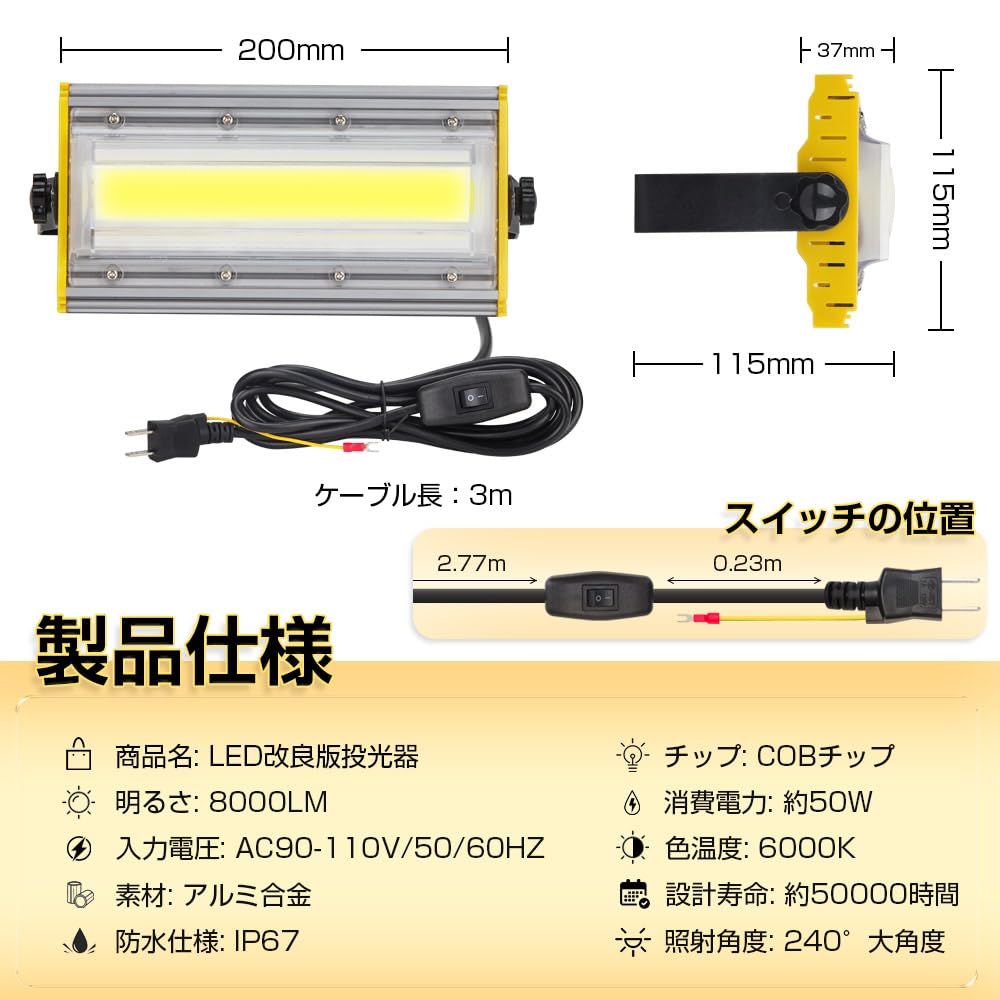 Shineshre LED Floodlight, Outdoor, 50W Work Light (850W Equivalent), 8000LM, Outlet Type, Ultra-Thin, Security Light, Entryway Light, Daylight White,