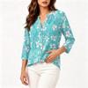 Women Floral Print Button Front Henley Shirt Three Quarter Sleeve Lightweight Linen Cotton Blend Blouse Casual Top