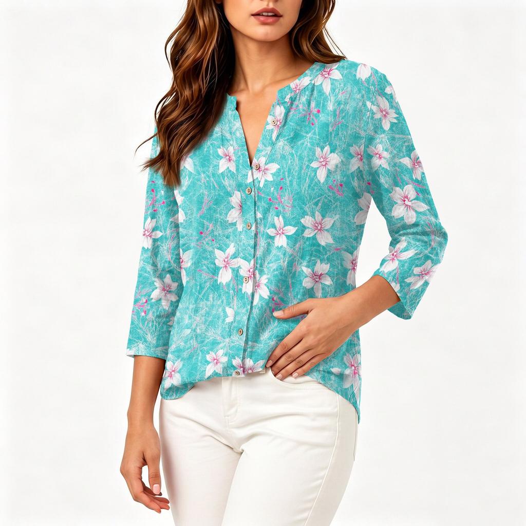 Women Floral Print Button Front Henley Shirt Three Quarter Sleeve Lightweight Linen Cotton Blend Blouse Casual Top
