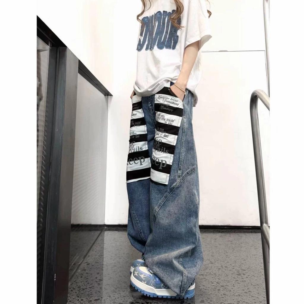 American Street Striped Splicing Scimitar Jeans Men's and Women's Summer New Loose Couple Versatile Washed Wide-leg Trousers