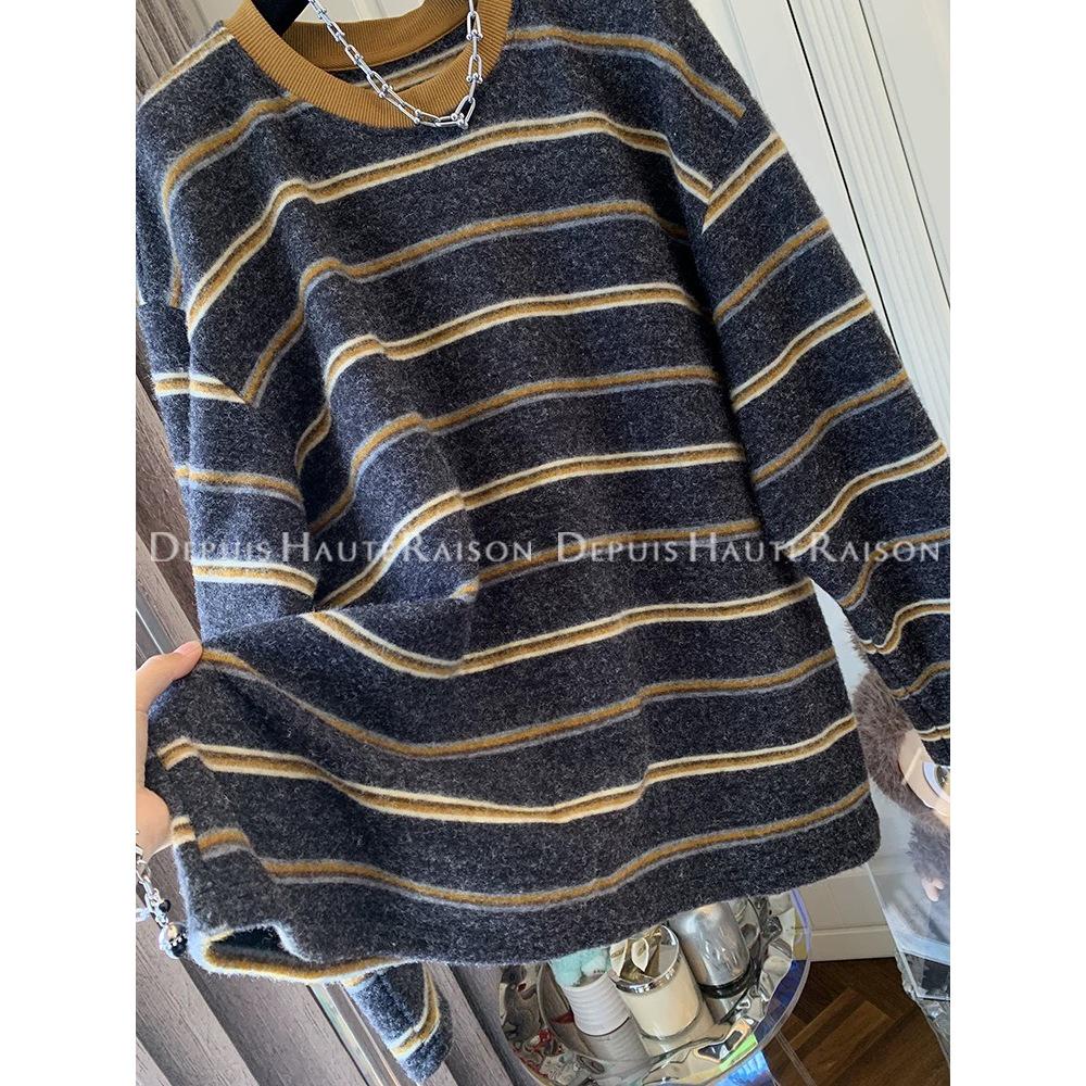 Plus Size Striped Long Sleeve Fluffy T-Shirt for Women - Cozy Winter Casual Wear