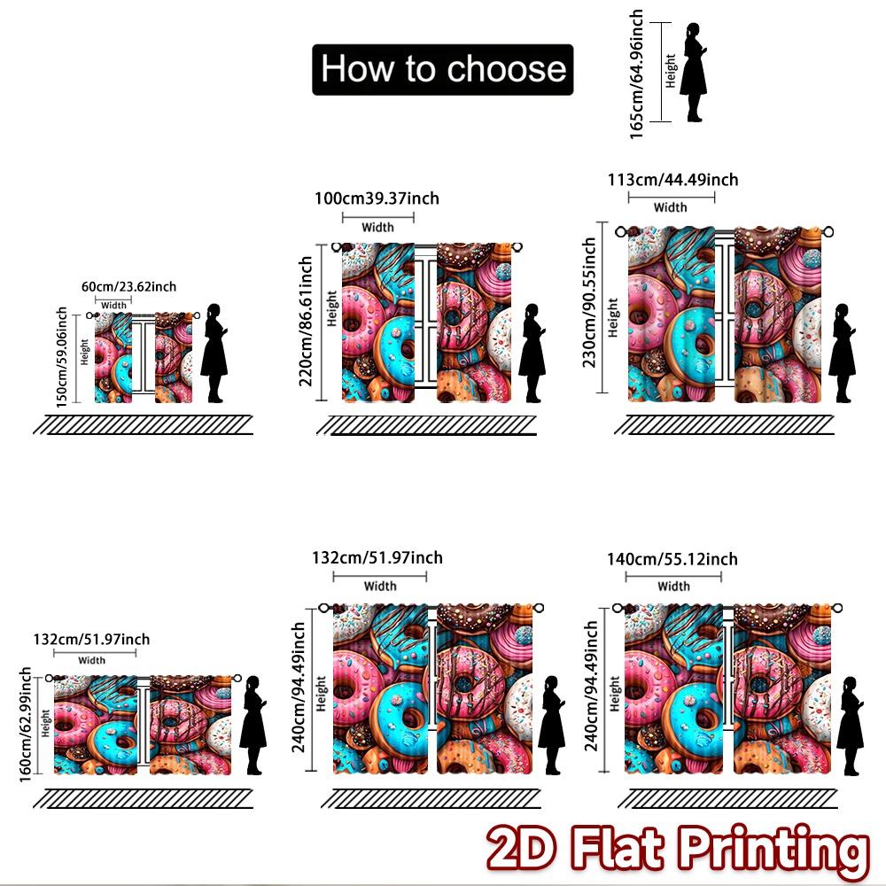 2D Flat Printing 2pcs Scene Curtains Donuts Colorful Sweet Frosting Digital Printed Polyester Drapes Festive Curtains Use for