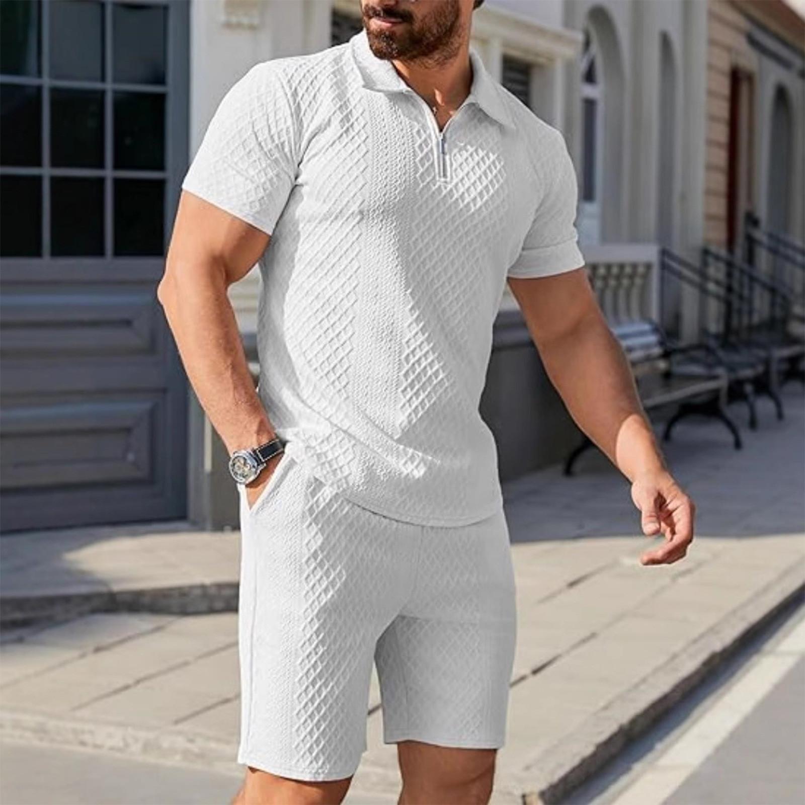 

Men s Sports Casual Suit Summer Knitted Short Sleeved Shorts Two Piece Suit Men s T-shirt Lapel Suit M белый