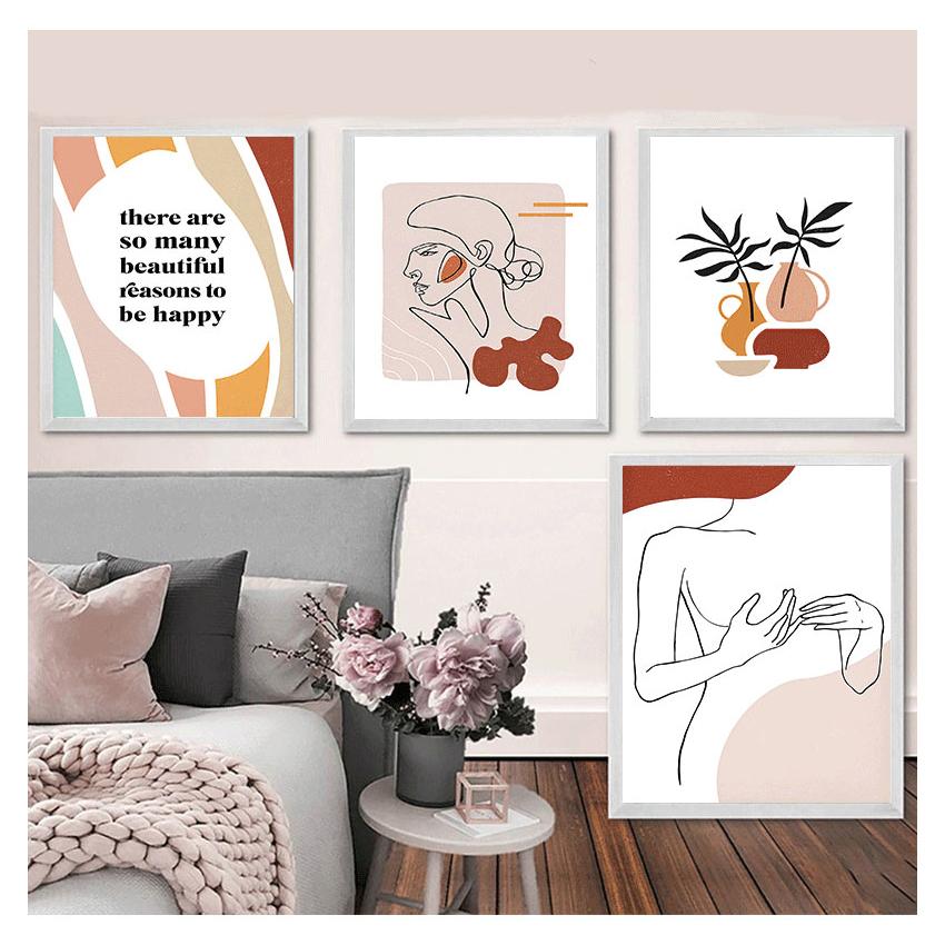 Retro Wall Art Canvas Painting Nordic Posters And Prints Wall Pictures For Living Room Decor Line Girl Plant Moon Quote Abstract