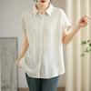 Summer Cotton and  Linen  Striped Casual Loose Short-sleeved Shirt Top Women