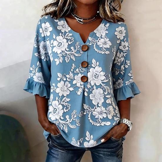Women T-shirt Regular Fit V-Neck Half Sleeve Summer Tee 3D Digital Flower Print Pullover Tops Daily Wear