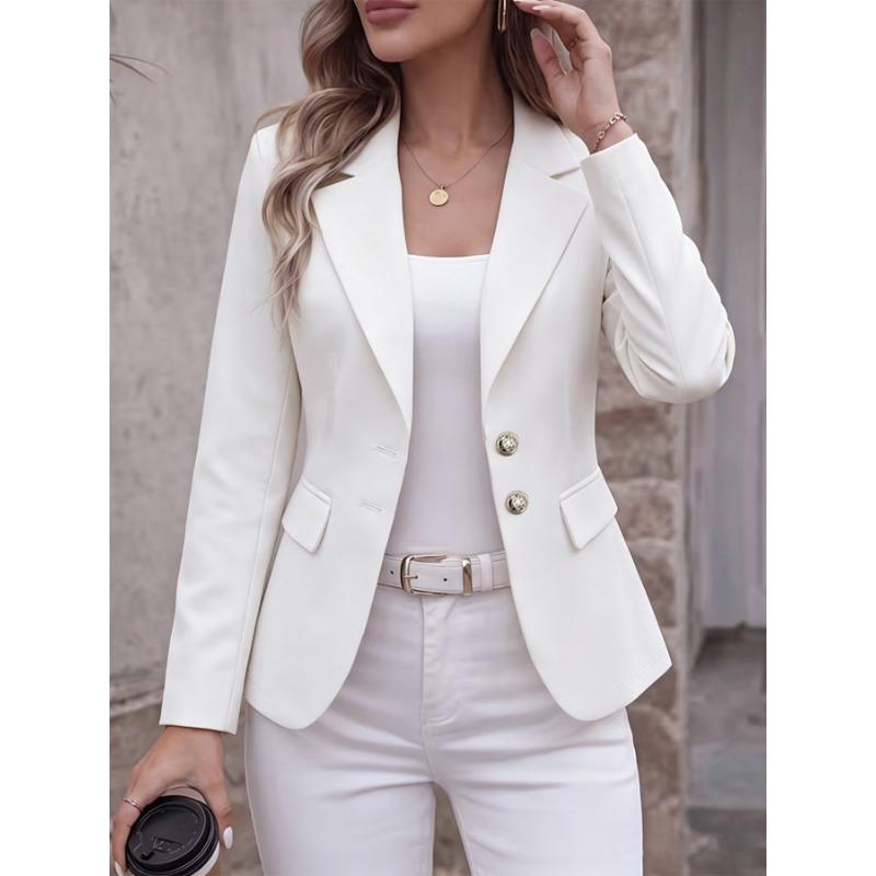 Women S Long Sleeve Blazer Jacket With Turn Down Collar Two Buttons Flap Pockets