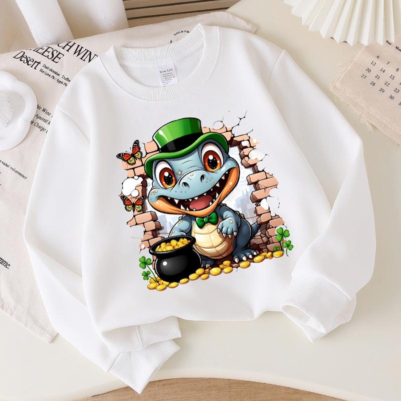 Kids Crewneck Long Sleeve Sweatshirt,Crocodile Leprechaun Gold Pot Butterfly Clover Print