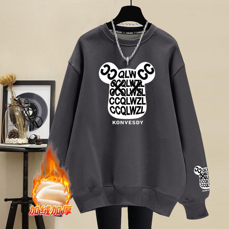 Cartoon pure cotton crew neck sweater women's 2025 autumn and winter velvet thickened casual fashion lazy wind loose large size women's clothing