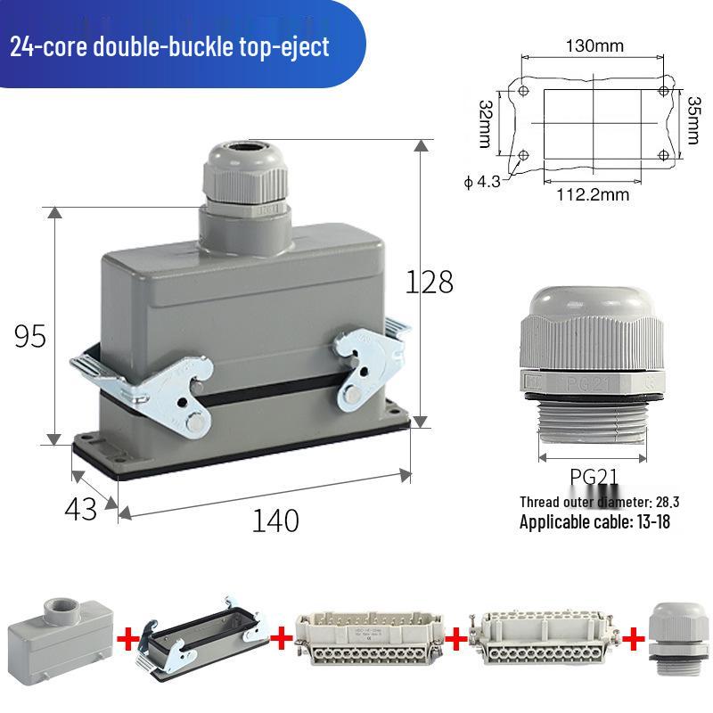 Heavy-Duty Rectangular Aviation Connector Plug & Socket: 6, 10, 16, 24, 32 Pin Options