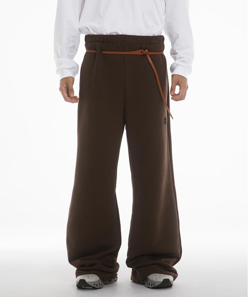 Fanshow (Setup) Pocket Hooded Zipup + Leather Belt Wide Pants- Brown