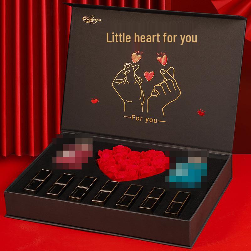 Qixi Valentine Gift Set: National Style Lipstick, Perfume, Rose Soap Flowers - Perfect for Her Birthday or Best Friend.
