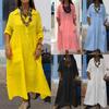New Women's Cotton Linen Dress, Loose Solid Color Casual Bohemian Vacation Dress, Button Detail Fashion European American Style Dress