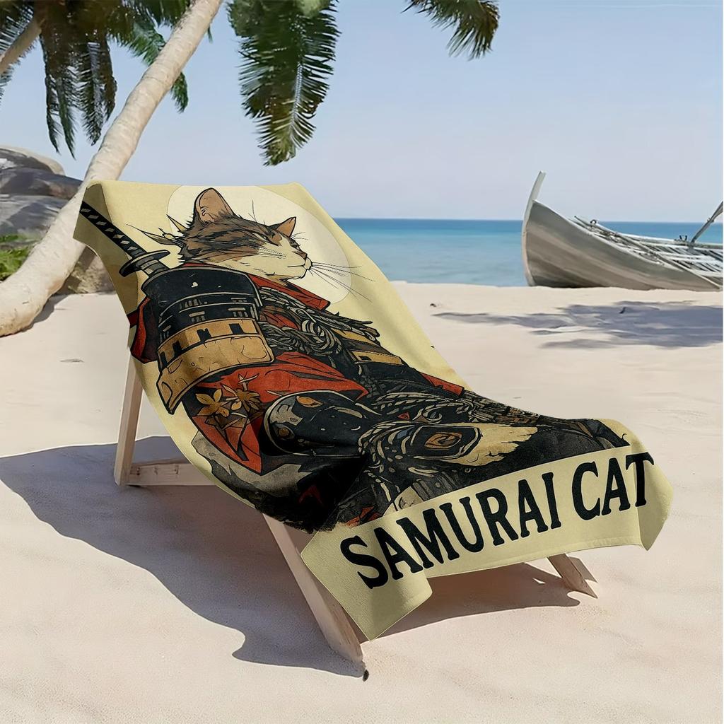 Japanese Samurai Cat Print Beach Towel Retro Ukiyo-e Warrior Cat Design Quick Dry Absorbent Microfiber Towel for Cat Lovers