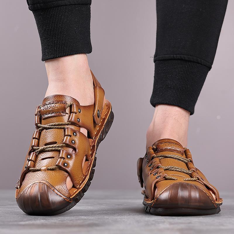 Summer outdoor sandals men's leather jelly sole men's baotou hole beach men's cool slippers breathable breathable non-slip