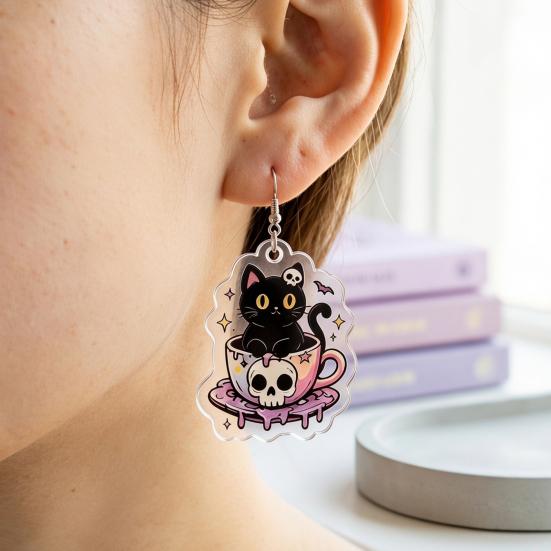 Dark Style Jewelry 1 Pair Halloween Earrings for Women, 2D Acrylic Teacup Black Cat Creative Pendant Gift Dangle Drop Earrings, Gothic Cartoon Party,