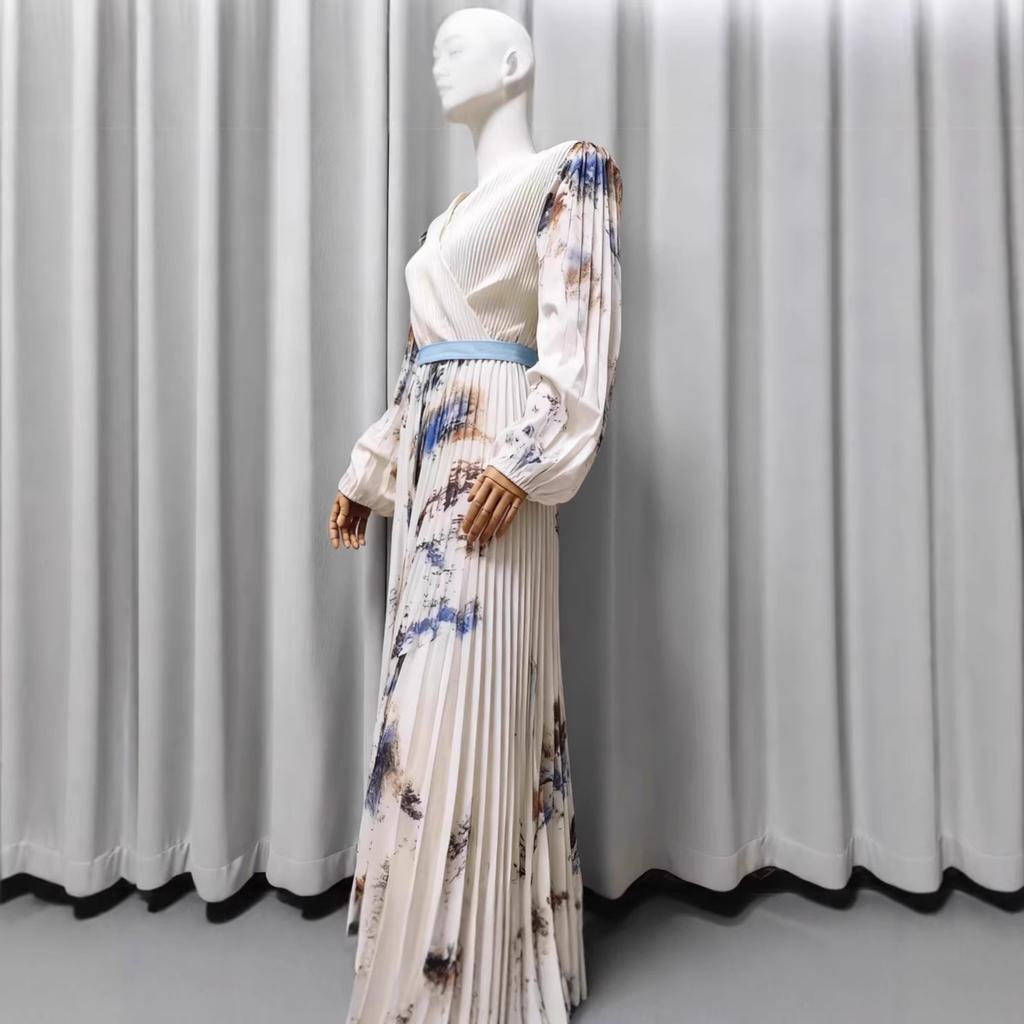 Women Long Sleeve Floral Print Vacation Maxi Dress Deep V‑Neck Lantern Sleeve Pleated Elegant Midi Dress