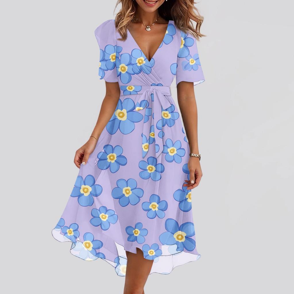 Women's Summer Floral Printed Casual Wrap V Neck Ruffled Hood Short Sleeves Belt A-Line Ruffle Hem Midi Sundress