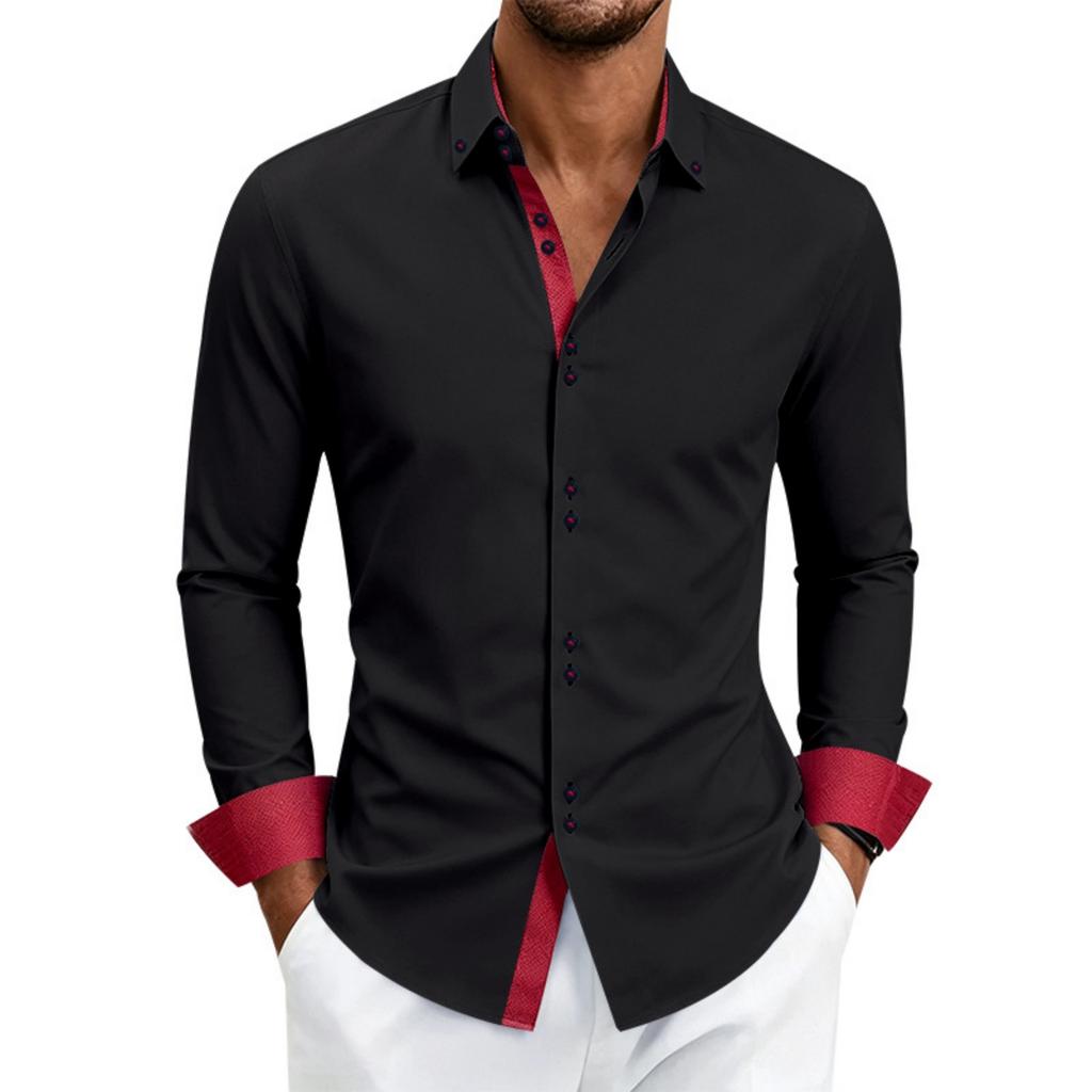 Men's Casual Business Long Sleeve Shirt Stretch Breathable Double Button Collar Slim Fit Dress Shirt for Office Work or Formal Occasions