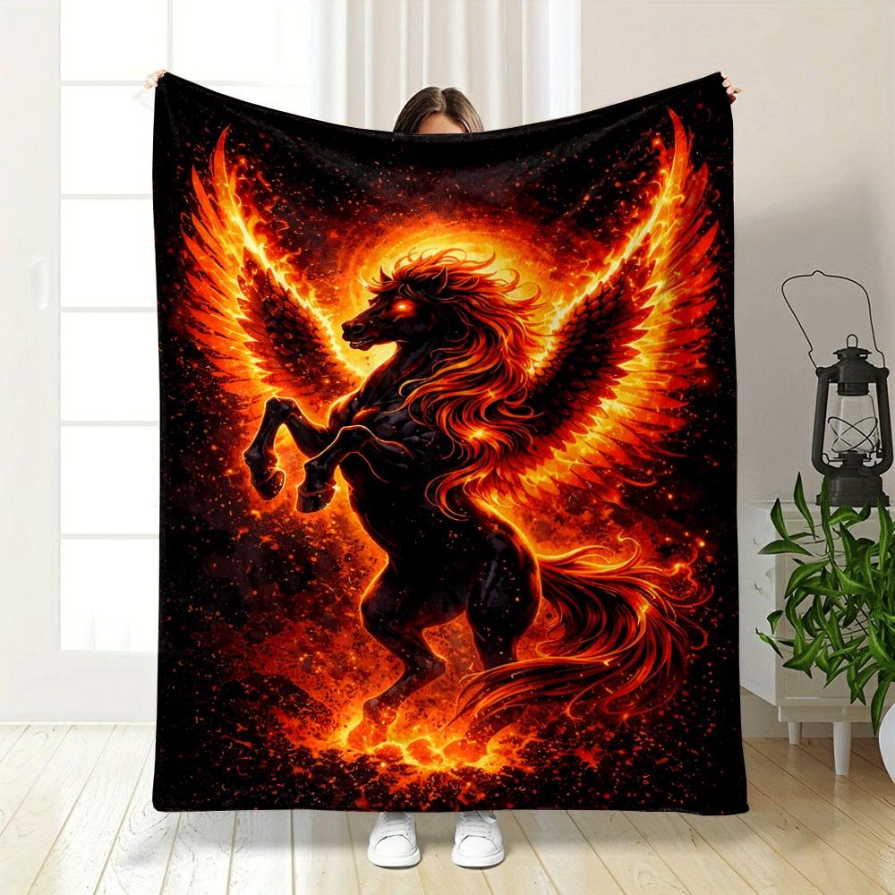 A fiery black-winged horse surrounded by flames and glowing embers. for all seasons blanket lunch break throw gift