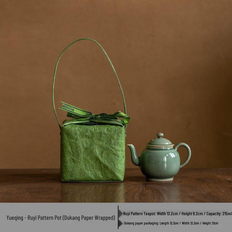 Celadon Ruyi Tea Set: Embossed Gaiwan, Teapot, Cup, Can, and Ornament
