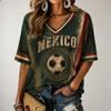 Damen V-Ausschnitt Kurzarm T-Shirt mit Fußball-Print für Freizeitkleidung
