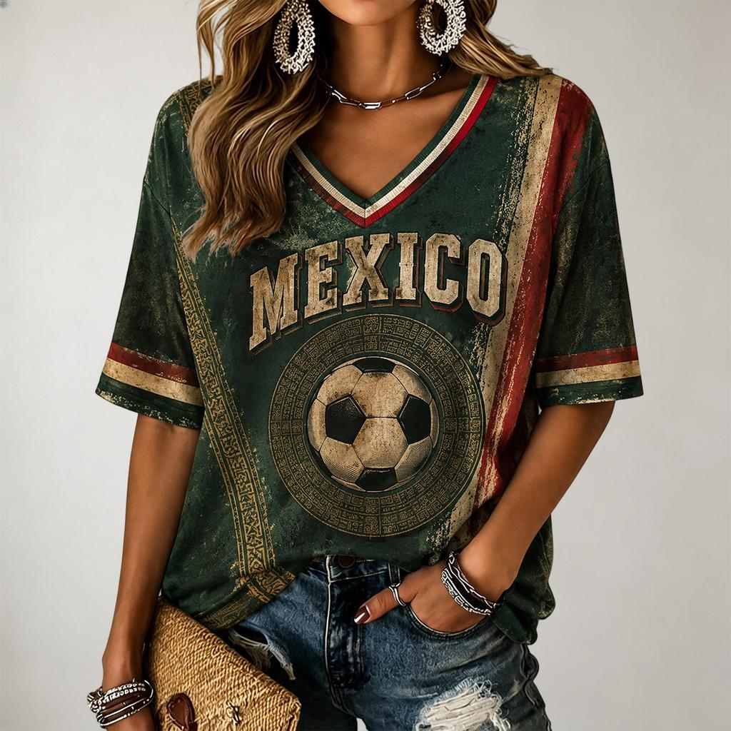 Damen V-Ausschnitt Kurzarm T-Shirt mit Fußball-Print für Freizeitkleidung
