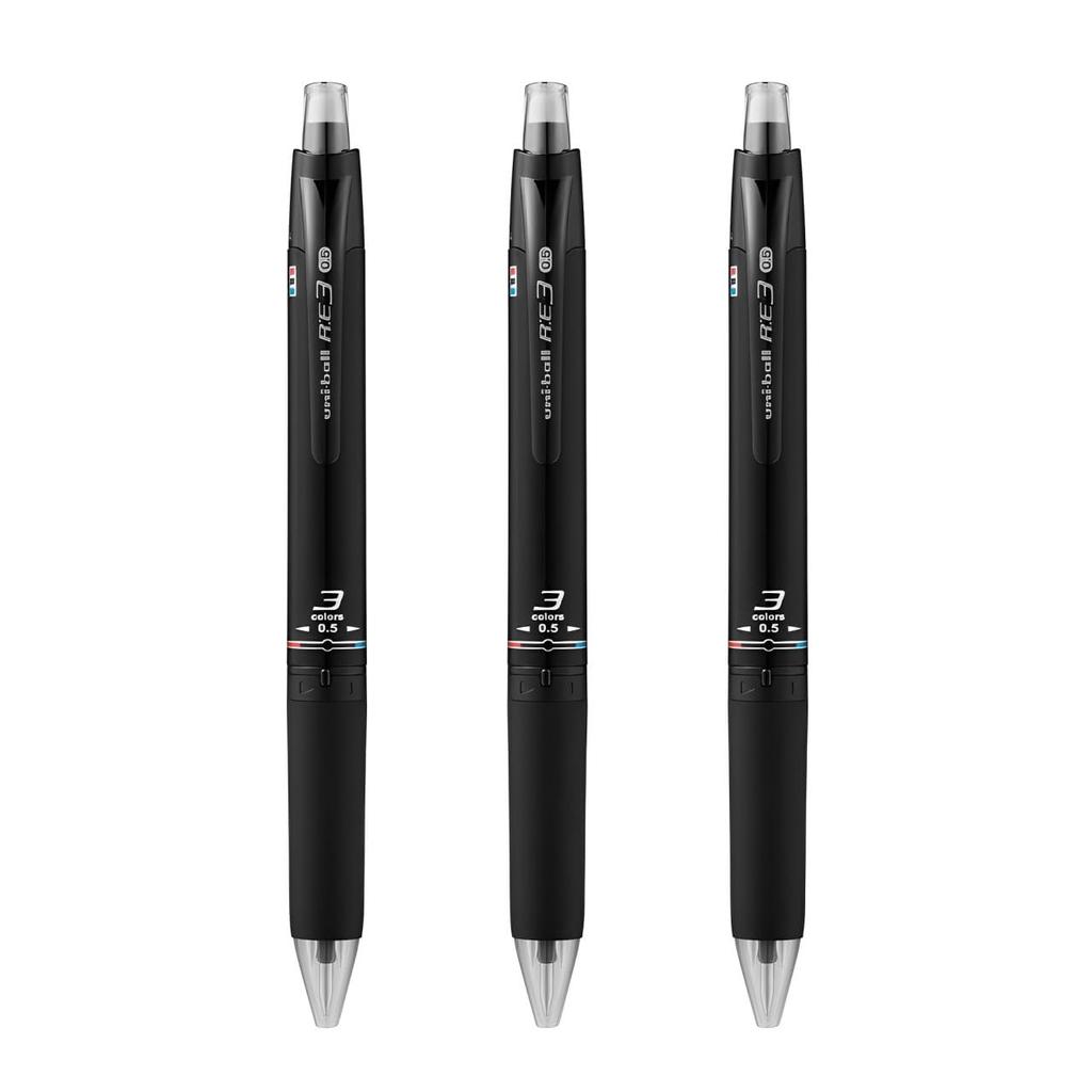 Mitsubishi Pencil Erasable Ballpoint RE3 3 Tri-Color Pen, Uni-ball 0.5, Black, URE350005.24 (x pens)