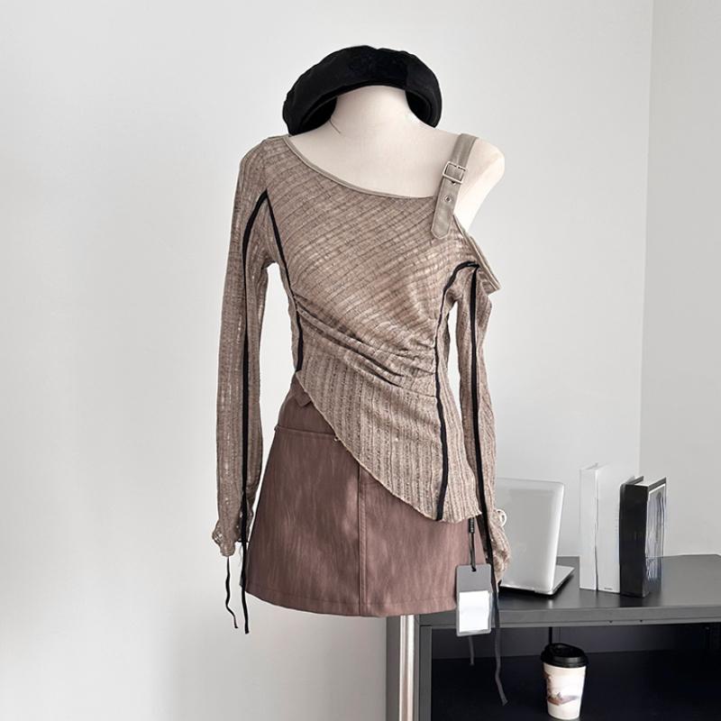 Herbst Frau Unregelmäßige Design Trikots Gyaru Langarm Cropped Tops Slash Neck Pullover Y2k Streetwear 2000er Jahre Ästhetische Vintage