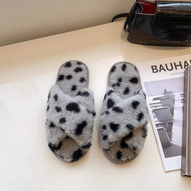 Flat Fluffy Fur Slippers Women Colorful Cross Tie Warm Furry Slippers Women Winter Flip Flops Home Slides Indoor Floor Shoes