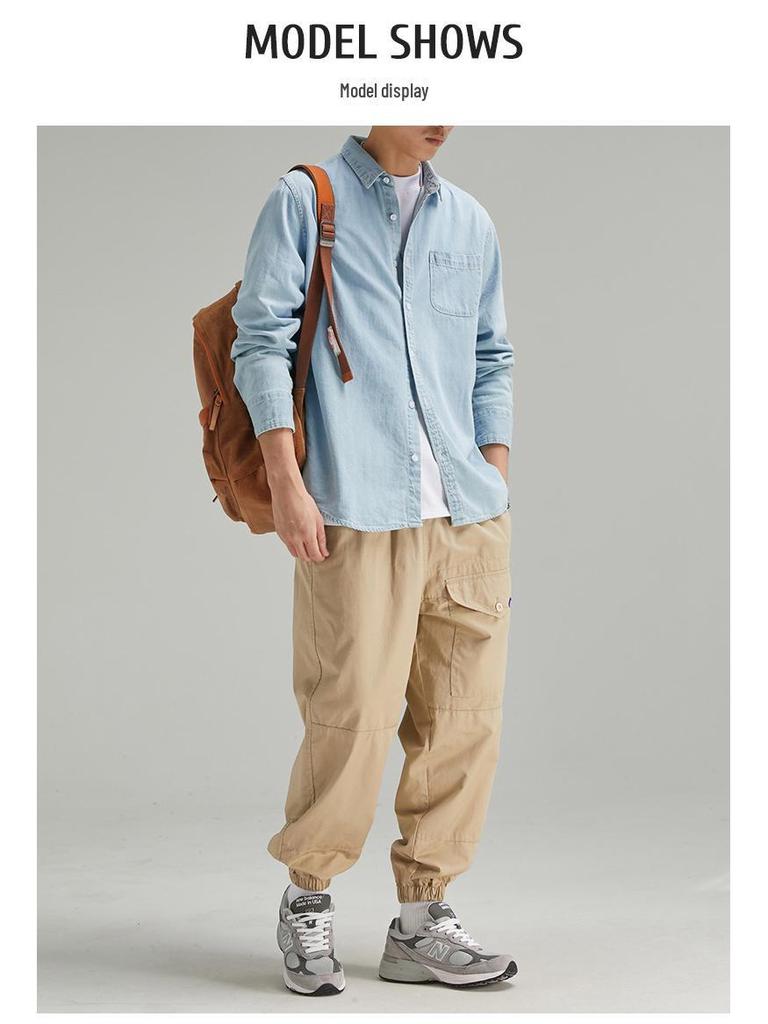 Camisa Masculina Retro Lavada Jeans Manga Longa - Primavera Casual Cor Sólida com Lapela Fina