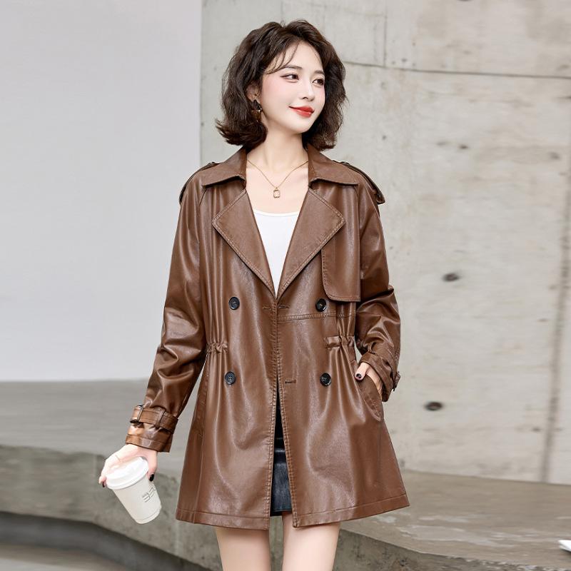 Design sense brown leather jacket women's spring and autumn new leather jacket medium and long coat